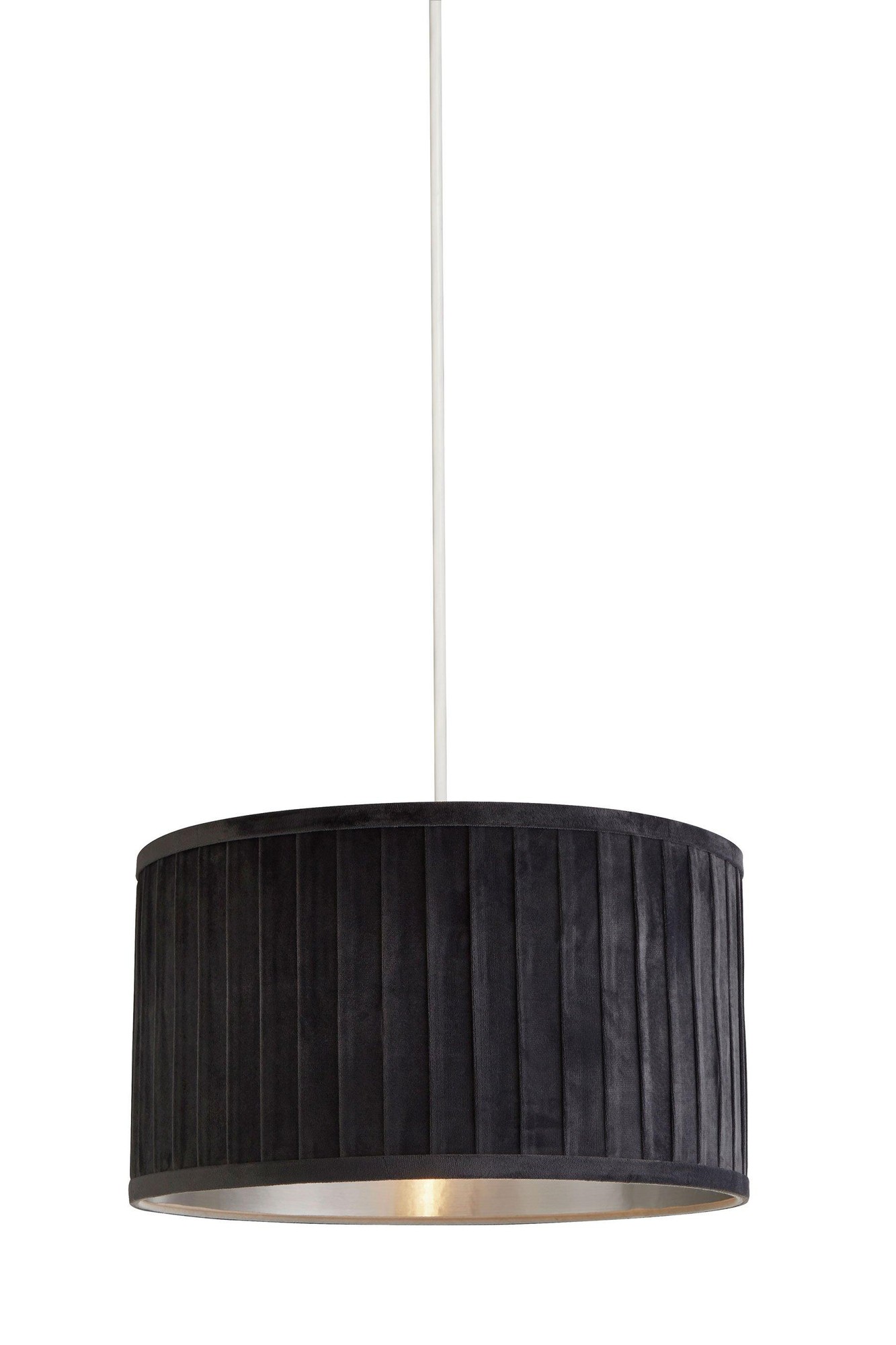 Pleated velvet grey lampshade with a metallic silver inner, measuring 30 cm in diameter, suspended from a white cord.