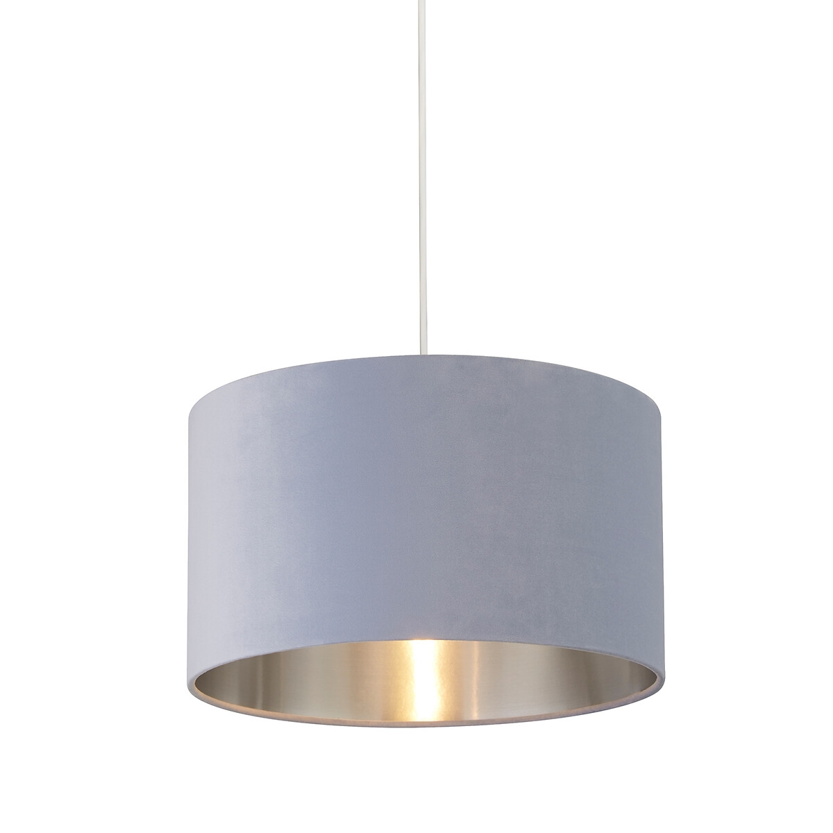 Round 35cm velvet drum shade in soft blue with a metallic gold interior, designed for pendant lighting, featuring a sleek, modern aesthetic.