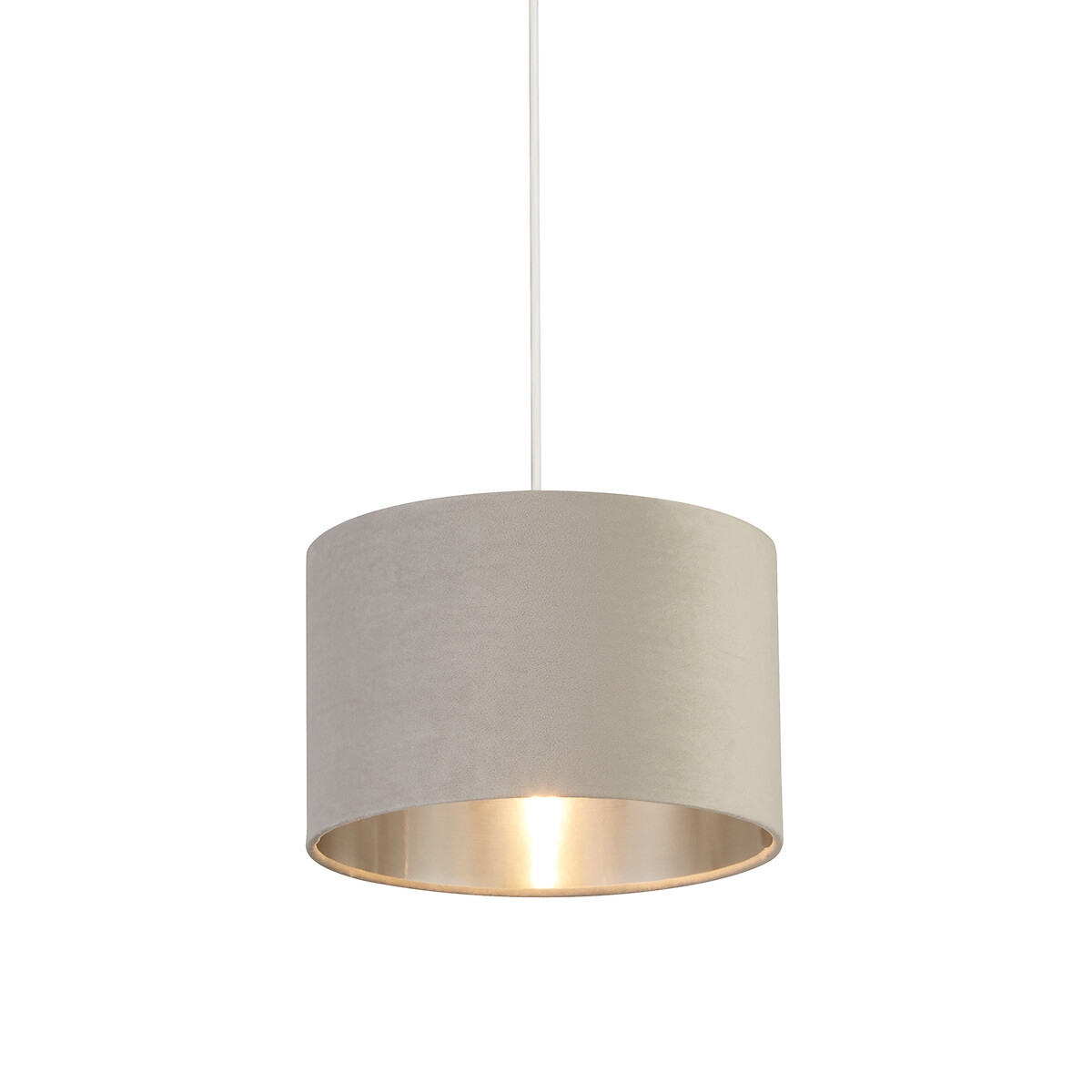 Light grey velvet drum shade with a silver inner lining, measuring 27 cm in diameter, suspended by a white cord, offering a modern and elegant lighting option.