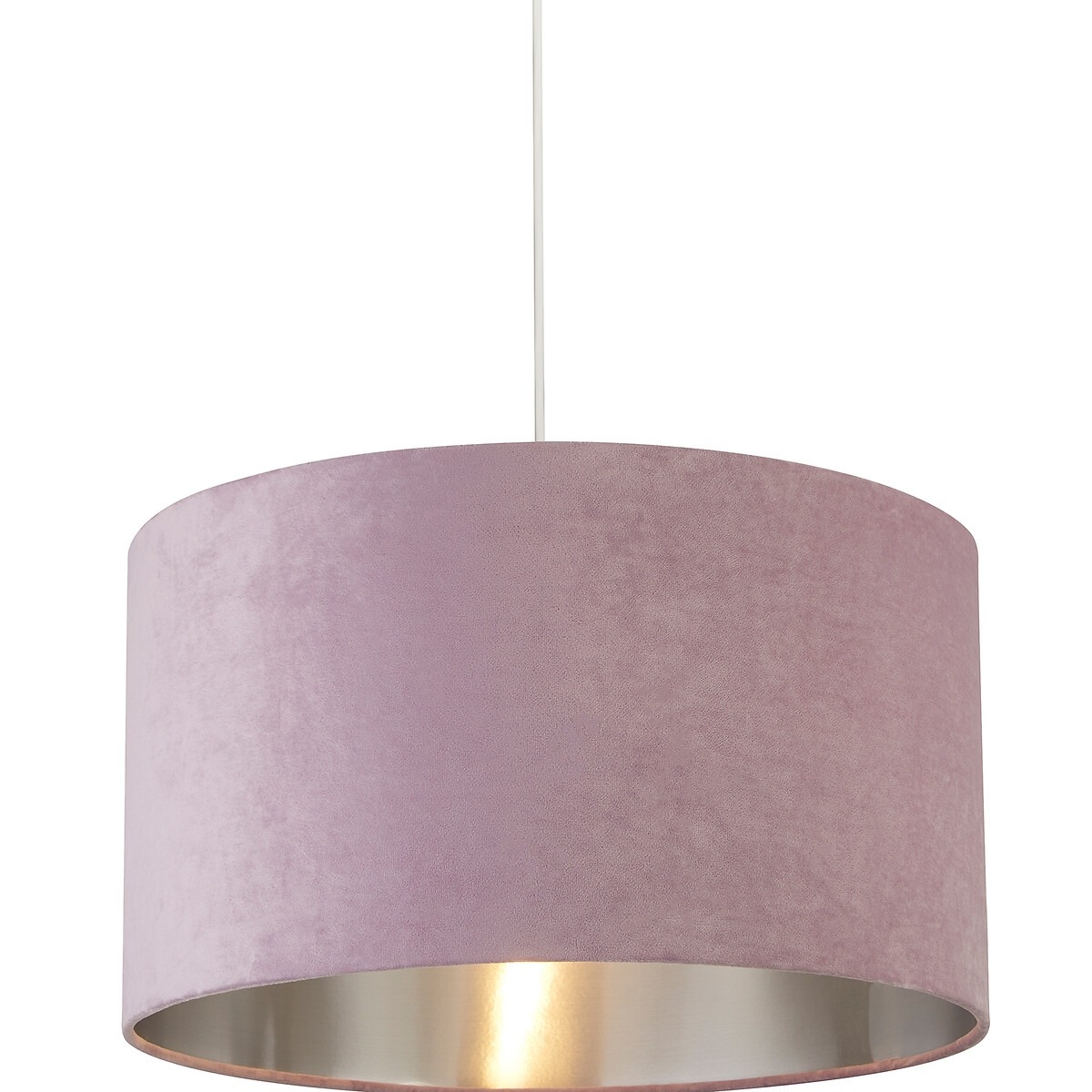 Lilac velvet drum lamp shade with a silver inner lining, measuring 30 cm in diameter, featuring a smooth texture and modern design.