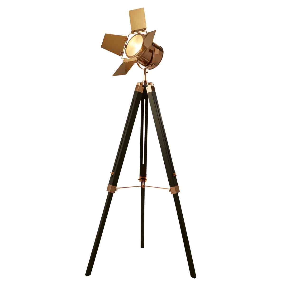 Copper and black spotlight tripod floor lamp featuring a metallic shade with adjustable fins, supported by sleek black wooden legs with copper accents.