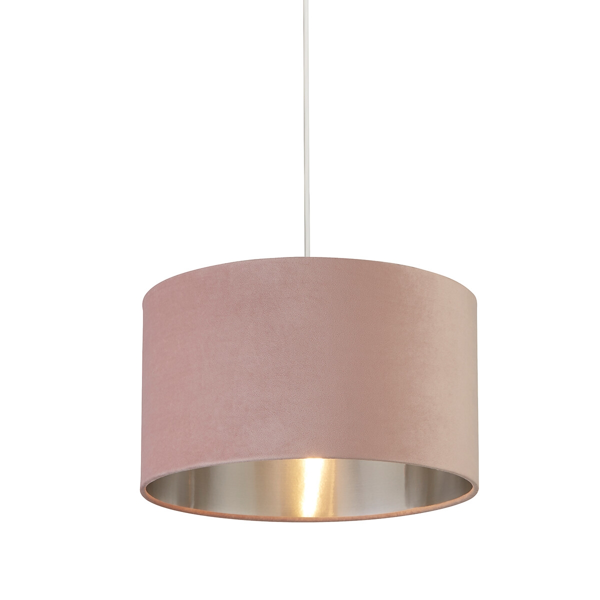 35cm round velvet drum shade in soft pink with a metallic silver interior, suspended by a white cord, offering a stylish and modern lighting solution.