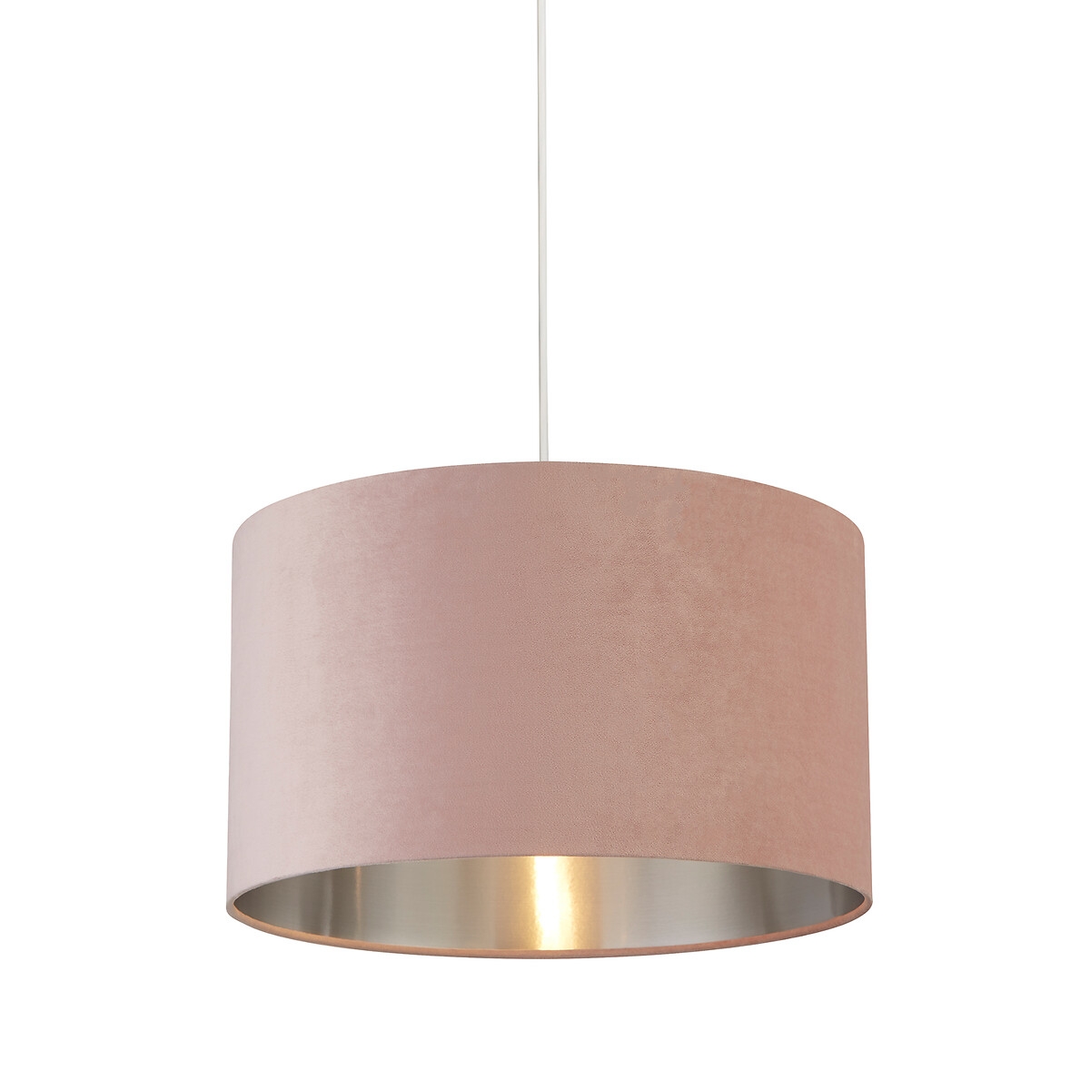 45cm round velvet drum shade in soft pink with a metallic silver interior, designed for pendant lighting, suspended by a white cord.