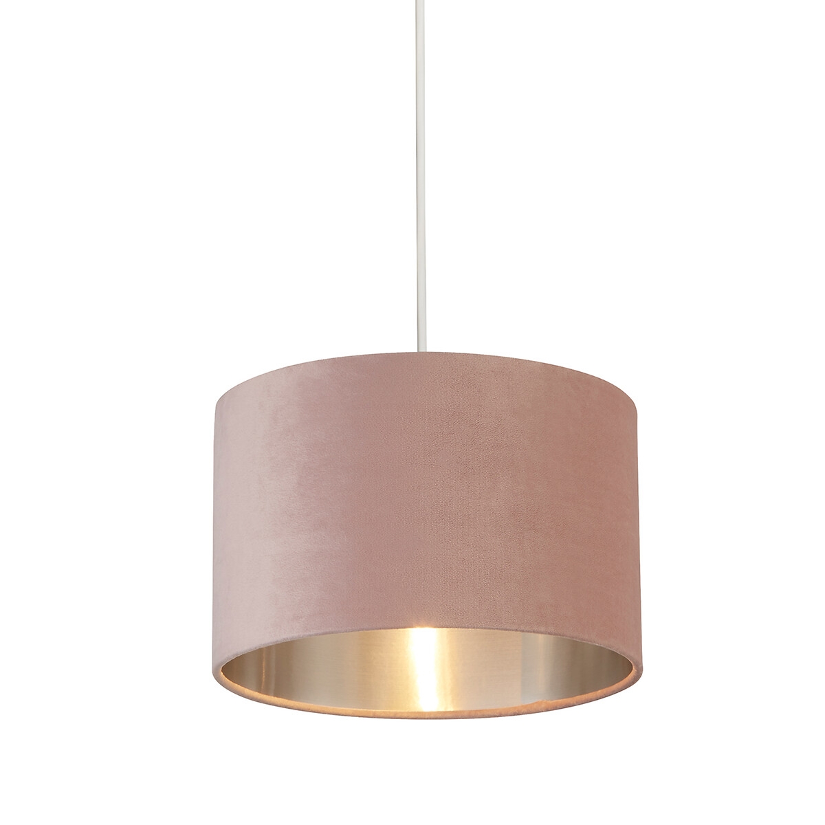 Pink velvet drum shade with a silver inner lining, measuring 27 cm in diameter, suspended from a white cord, offering a soft, elegant lighting option.