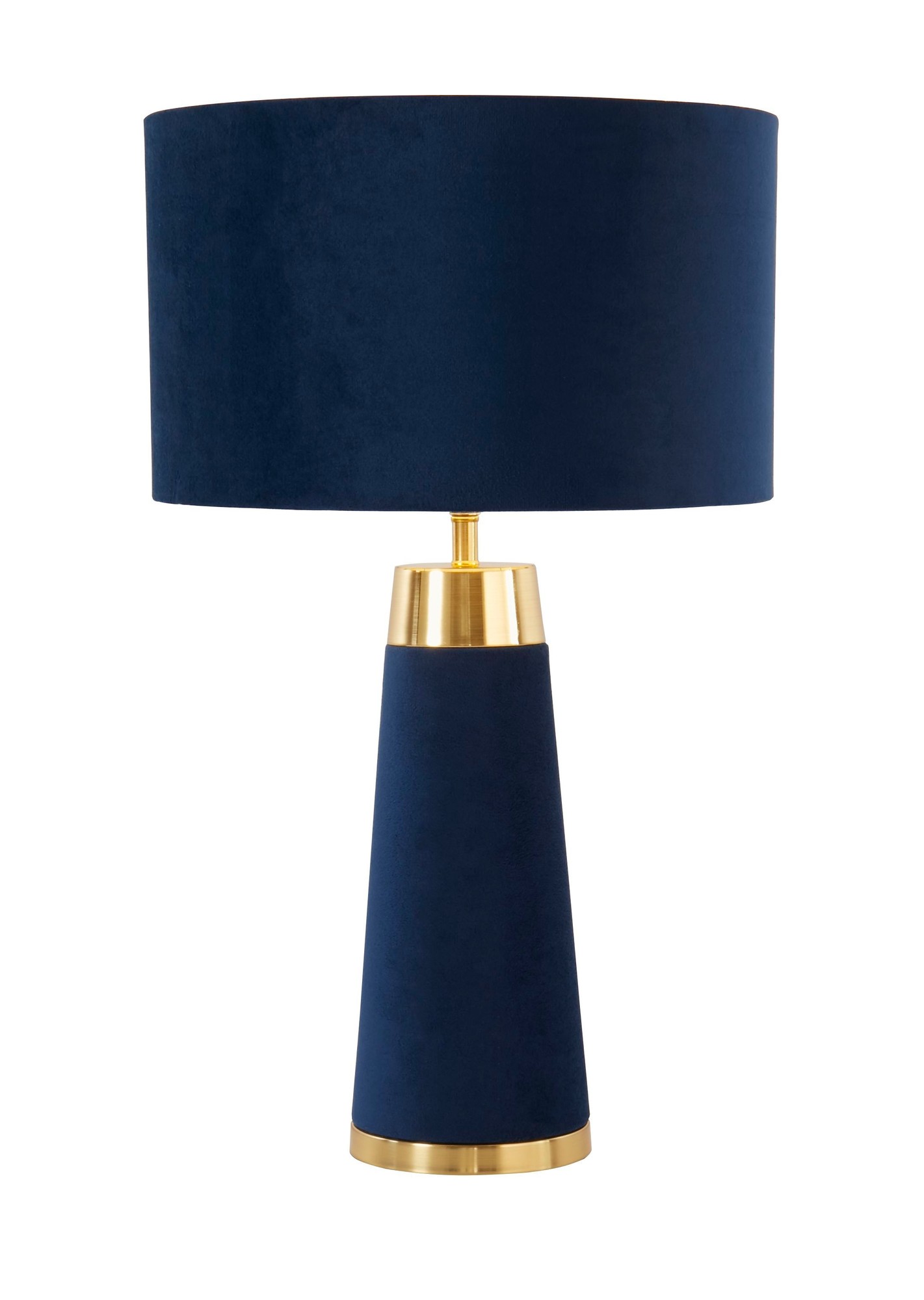 Blue velvet table lamp with a satin brass base and gold accents, featuring a cylindrical shape and a matching drum shade.