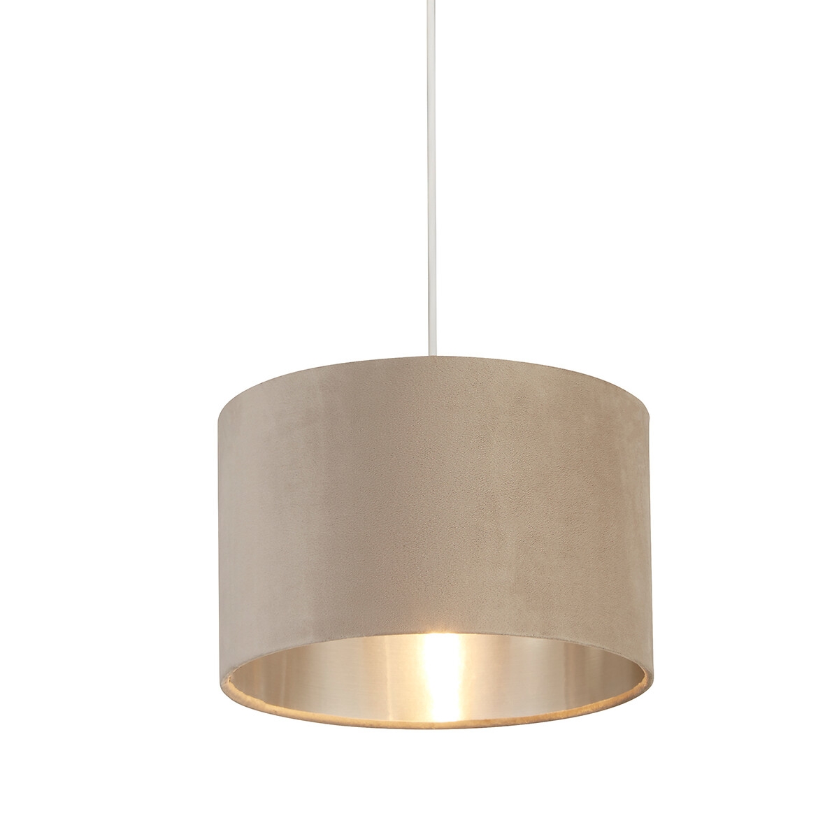 A 27cm round velvet drum shade in a soft beige color, featuring a metallic gold interior, suspended from a white cord, providing a warm, elegant lighting effect.