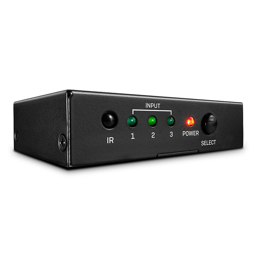 Black metal HDMI switch with three input buttons, green indicator lights, a red power light, and an IR sensor, designed for seamless connectivity.