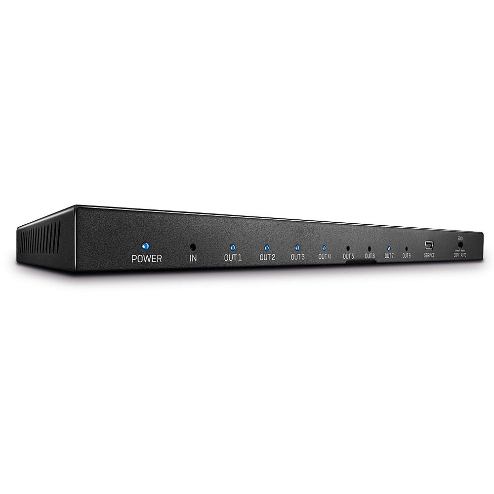 Lindy 8 Port HDMI 2.0 18G Splitter in sleek black, featuring eight output ports, one input port, and LED indicators for power and output status.