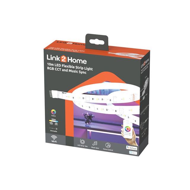 Link2Home L2H-10MSTRIP packaging features a vibrant orange and white design, showcasing a 10m flexible RGB LED light strip with music sync and Wi-Fi control icons.