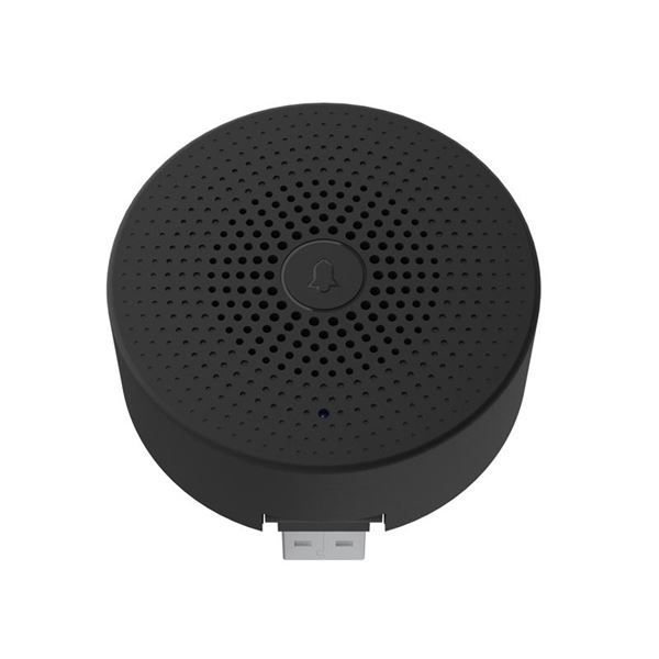 Round black wireless chime with a perforated surface and a bell icon, designed for use with smart doorbells, featuring a USB connection for power.