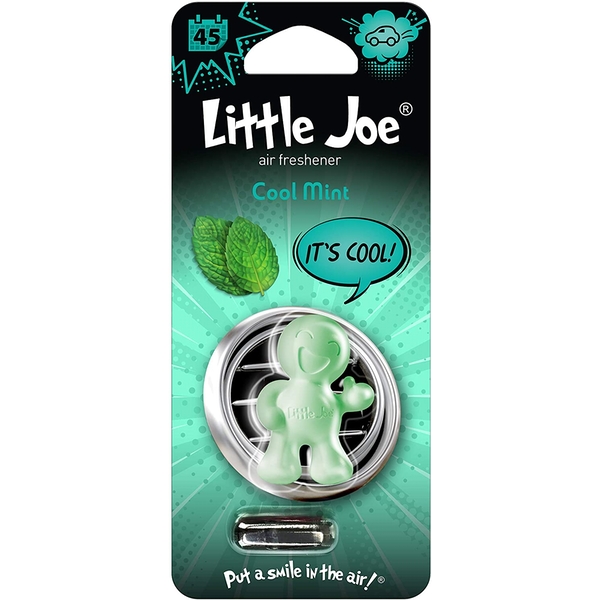 Green mint-scented car air freshener shaped like a smiling gingerbread man, packaged on a vibrant blue and green card with mint leaf graphics and a playful slogan.