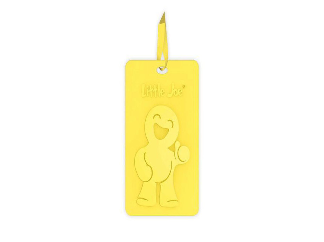 Yellow card air freshener shaped like a smiling cartoon character, labeled "Little Joe," with a hanging loop at the top and a vanilla scent.