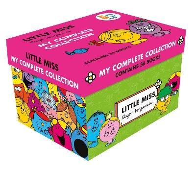 Brightly colored box set featuring "Little Miss: My Complete Collection," showcasing playful cartoon characters on the sides, with a pink top and green bottom, containing 36 books.