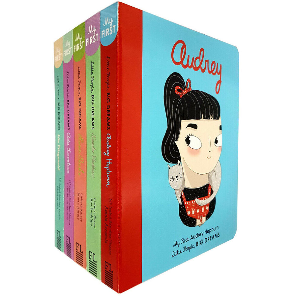 Five colorful hardcover books from the "Little People, Big Dreams" series, featuring illustrated covers of notable figures like Rosa Parks and Ella Fitzgerald, with a playful design.