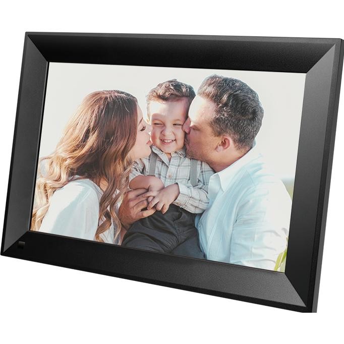 LogiLink digital photo frame features a sleek black plastic frame, a 10.1" LCD display, and connects via 2.4 GHz WiFi using the Uhale app to showcase cherished memories.