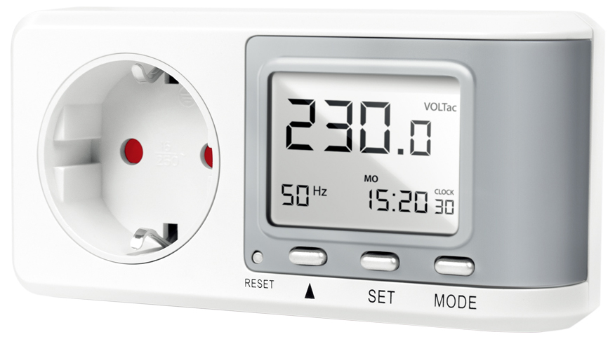 LogiLink Energy Cost Meter features a white plastic body with a gray display, showing energy consumption, CO2 calculation, and time, along with a standard power socket.