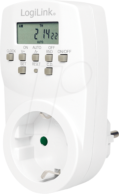 White LogiLink ET0007 electrical timer with a digital display, featuring buttons for clock settings, a green indicator light, and an outlet for plug-in devices.