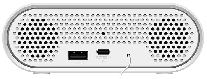 White LogiLink FM radio alarm clock featuring a night light, with a sleek oval design, perforated speaker grills, USB and USB-C ports on the back.