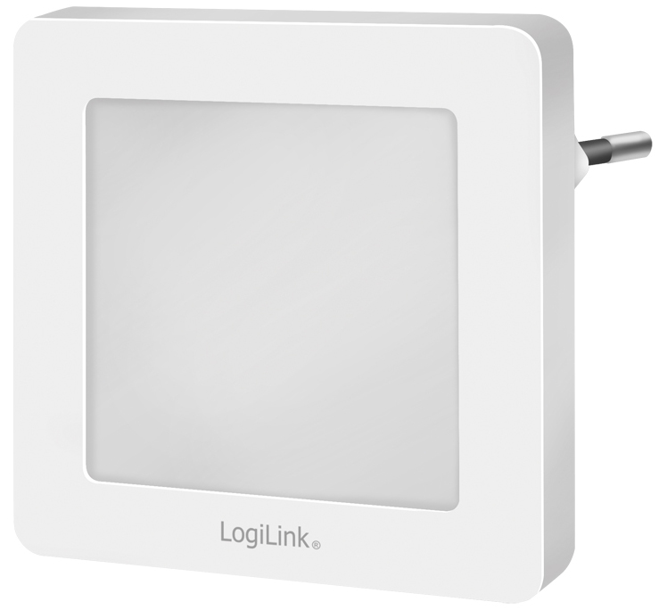 Square white night light with a warm white glow, featuring a twilight sensor and a plug for easy wall mounting, branded with the LogiLink logo at the bottom.