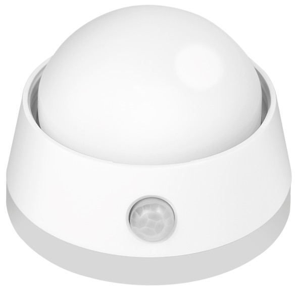 White round LED night light with a smooth dome shape, featuring a PIR sensor at the base for motion detection.