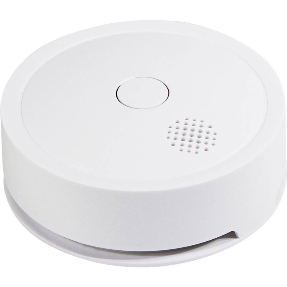 White circular wireless smoke detector with a central test button and a small speaker grille, designed for easy installation and safety monitoring.