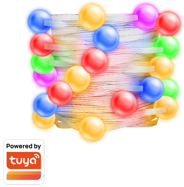 Colorful globe fairy string lights in red, yellow, green, blue, and purple, on a white cord, measuring 3m, compatible with Tuya smart home systems.