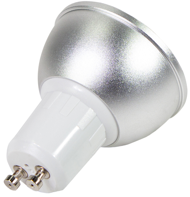 Silver GU10 smart light bulb with a sleek metallic finish and a white base, featuring two metal pins for installation and compatibility with Tuya smart home systems.