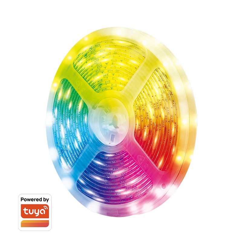 Colorful LED light strip on a spool, featuring a gradient from red to blue, with a white section, 5m long, and marked as Tuya compatible for smart home integration.