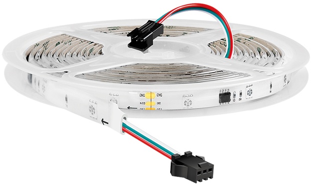 WiFi Smart RGB light strip by LogiLink, 5m long, featuring a flexible, white PCB with colorful LED lights, and a connector with red, green, and blue wires for easy installation.