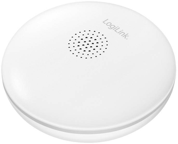 Round, white LogiLink WiFi Smart Water Sensor with a textured surface and a central speaker grille, compatible with Tuya for smart home integration.