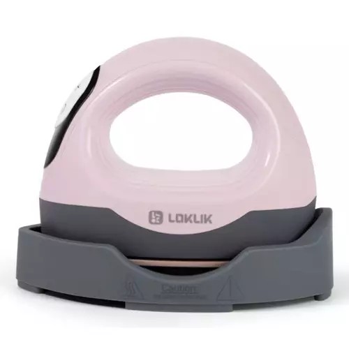 Compact black and pink LOKLiK ImPress Mini 3 with a built-in display, featuring a rounded handle and a gray base for stability, measuring 93 x 80 mm and 200 C.