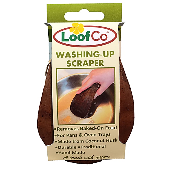LoofCo Washing-up Scraper, made from coconut husk, features a curved wooden design with a brown finish, packaged with a green and yellow label highlighting its eco-friendly attributes.