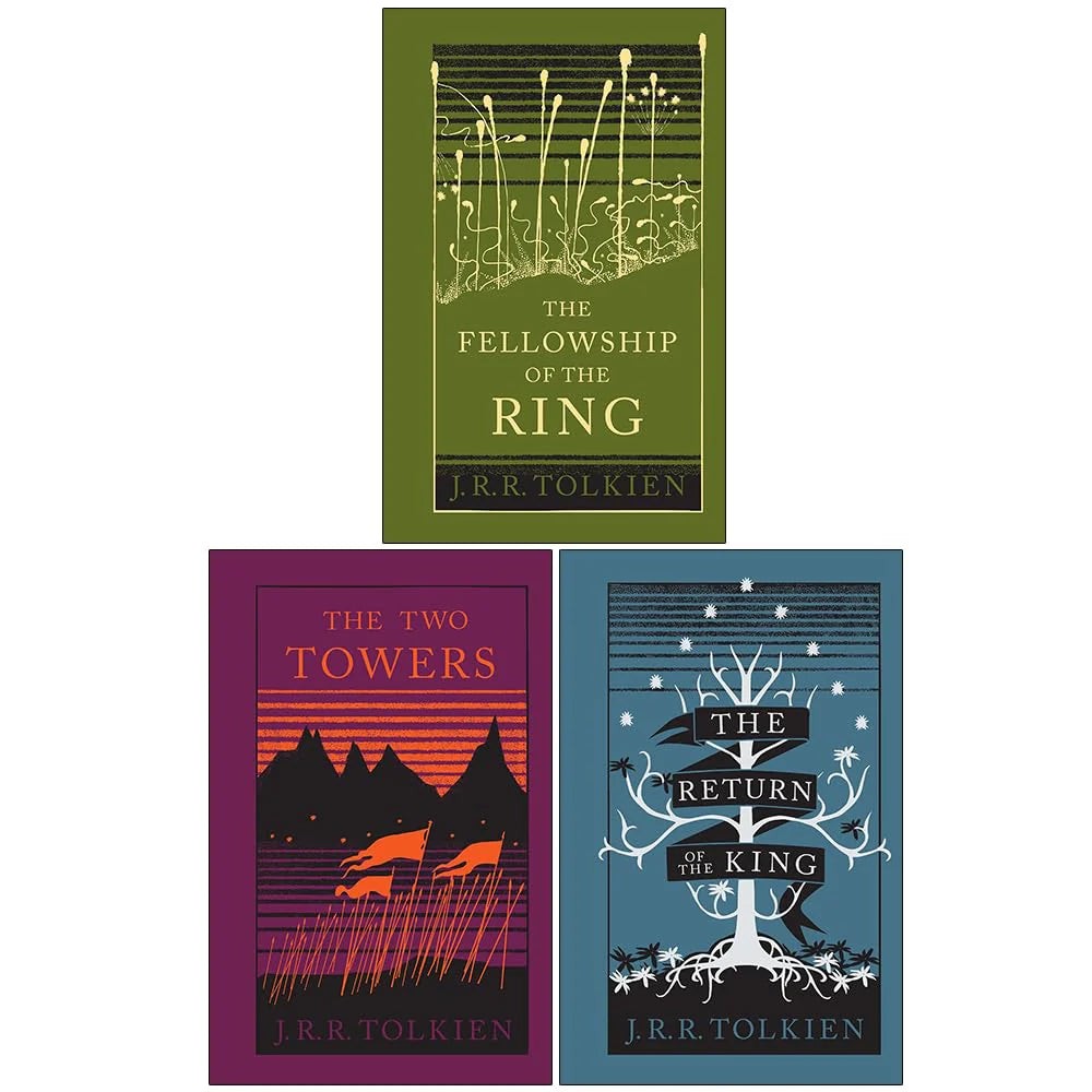 Three hardback books from the "Lord of the Rings" collection by J.R.R. Tolkien, featuring vibrant covers in green, purple, and blue, with distinct illustrations and titles.