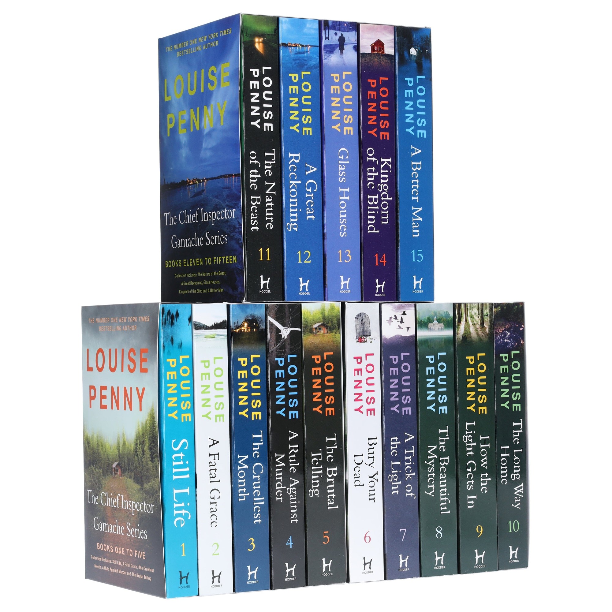 A collection of 15 hardcover books by Louise Penny, featuring colorful spines with titles like "Still Life" and "A Fatal Grace," arranged neatly in a stack.