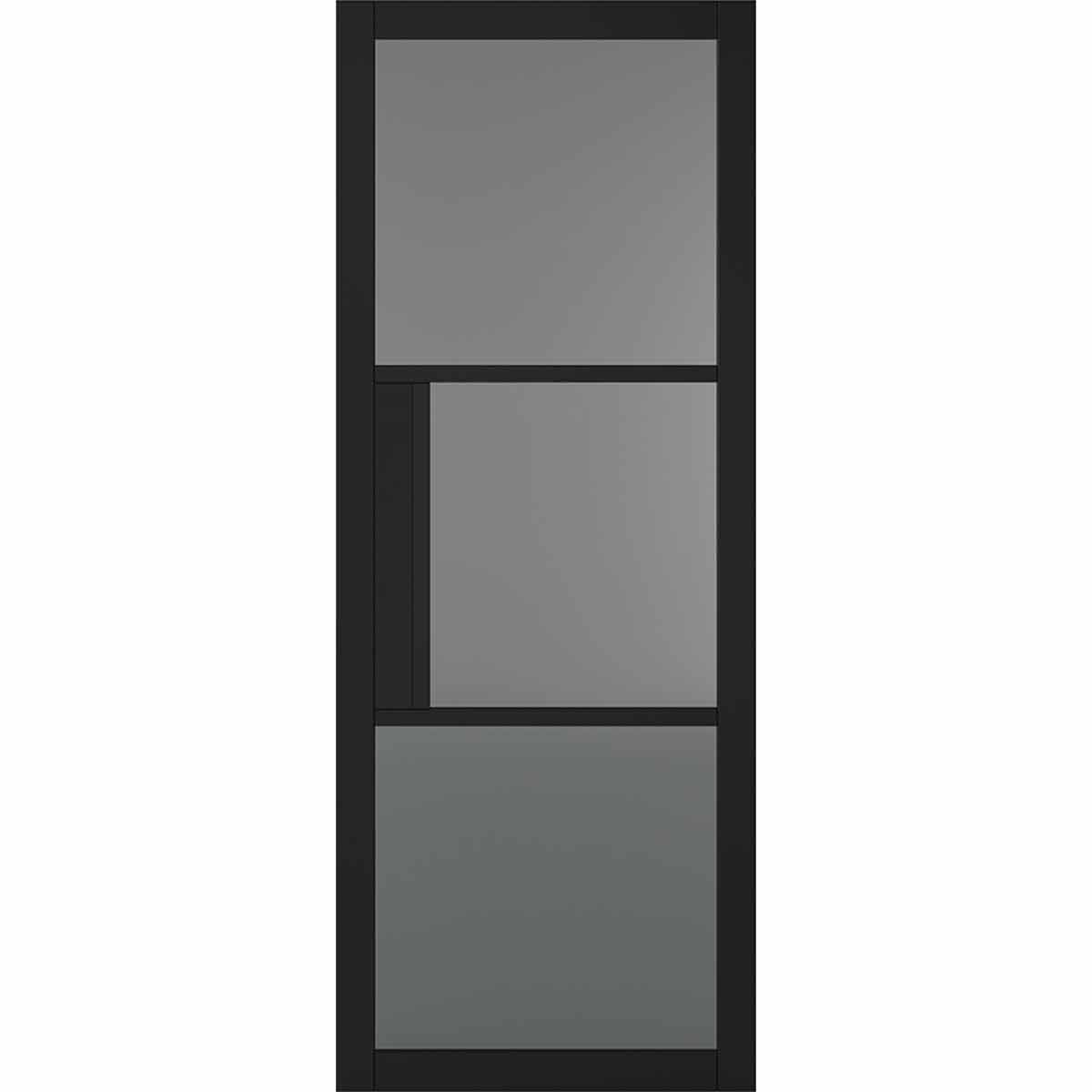 Black internal door featuring a sleek design with three tinted glazed panels, framed in a modern style, measuring 30 inches wide.