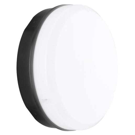 Round black LED bulkhead light with a frosted white diffuser, featuring an emergency function, rated at 12W and 1150 lumens, suitable for outdoor use with an IP65 rating.