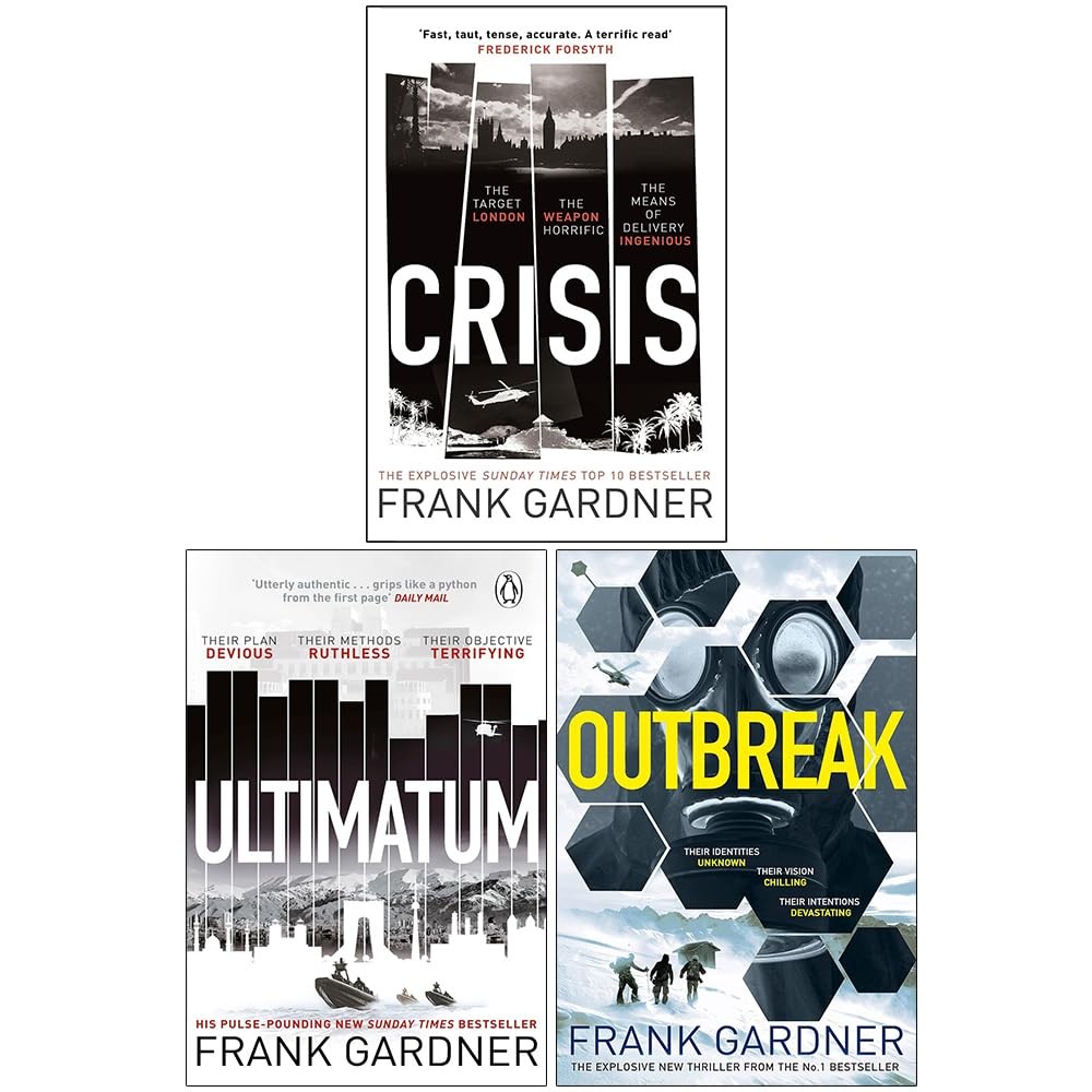 Three book covers from the "Luke Carlton Series 3" by Frank Gardner, featuring bold black and white designs with striking yellow accents on "Outbreak," showcasing thriller titles.