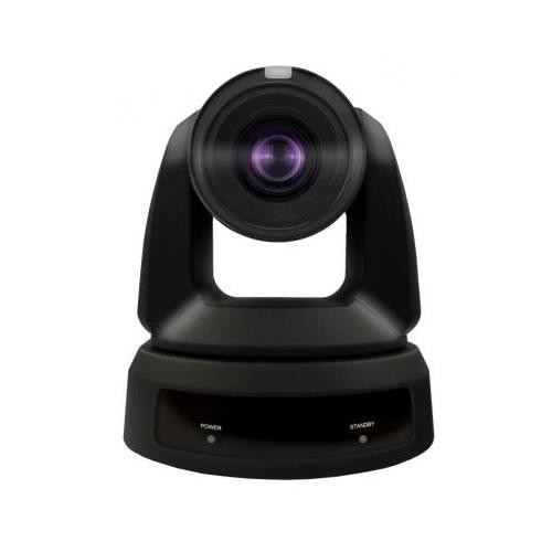 Black PTZ camera with a prominent lens, featuring a sleek design, power and standby buttons on the base, and a purple-tinted glass element in the lens.