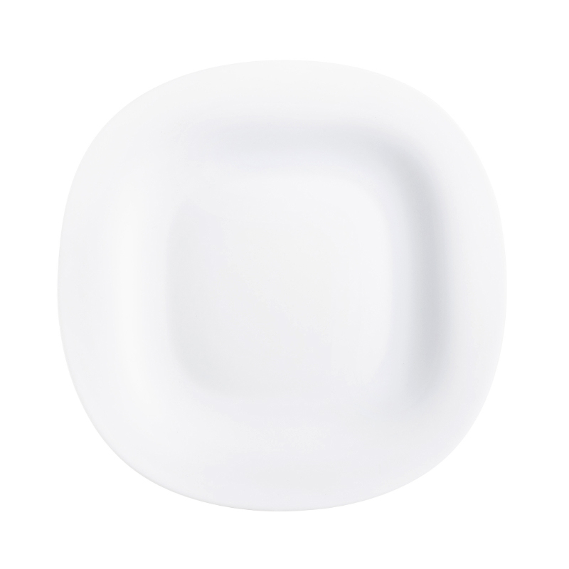 Square white soup plate measuring 21cm, made of durable glass, featuring gently rounded edges and a smooth, glossy finish.