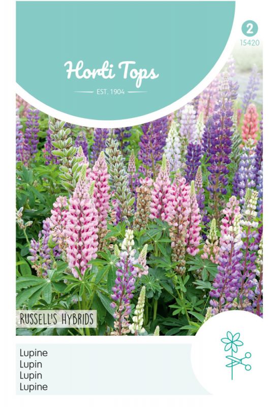 Colorful lupine flowers in shades of pink, purple, and white, with lush green foliage, featured on a packaging for Hortitops Bloemzaden by De Ree.