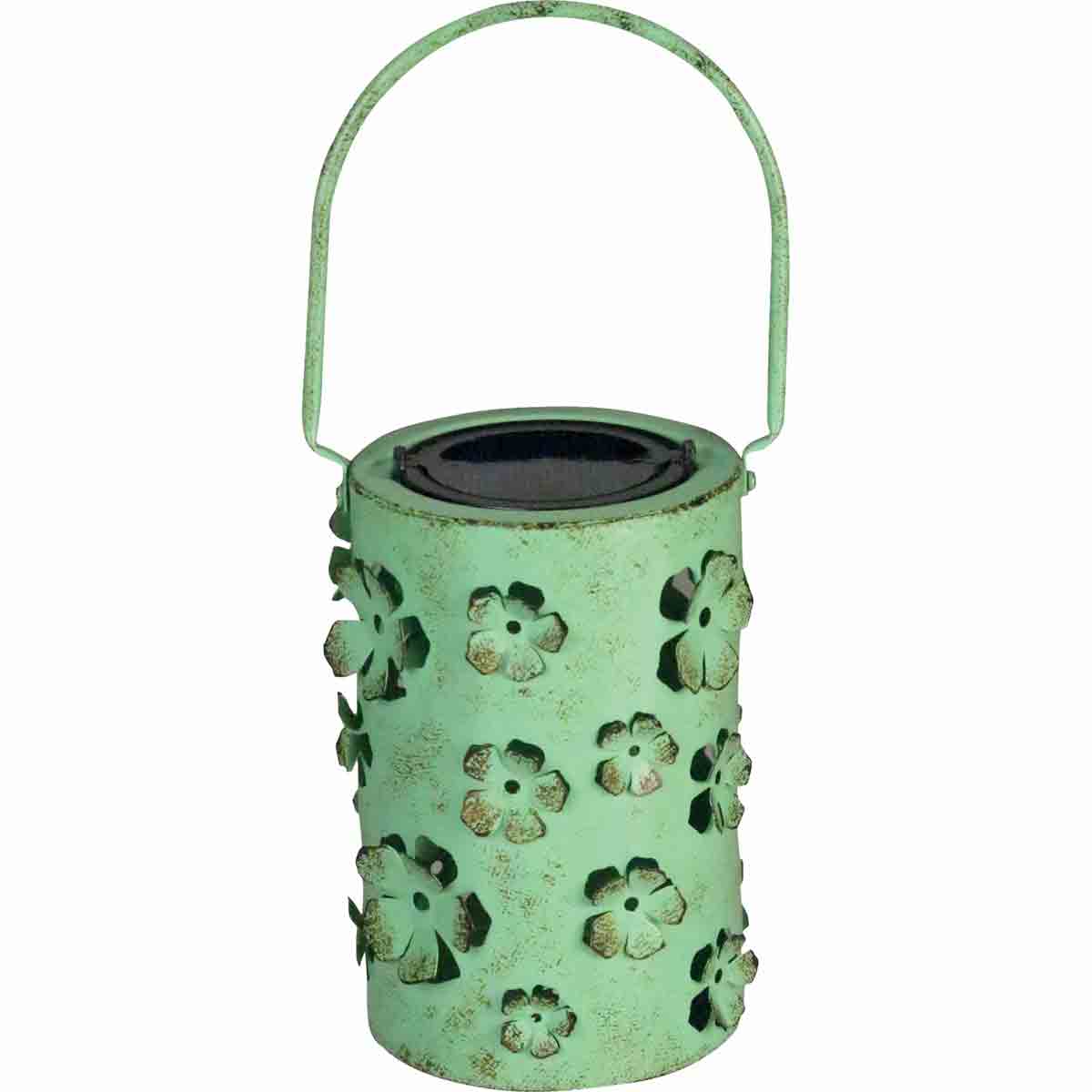 Green metal lantern with cut-out daisy flower designs, featuring a handle for hanging and a solar panel on top for outdoor lighting.