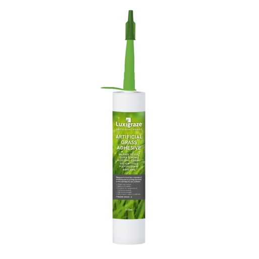Luxigraze Polyurethane Adhesive in a 310ml tube features a white body with a green nozzle and label, designed for artificial grass installation.