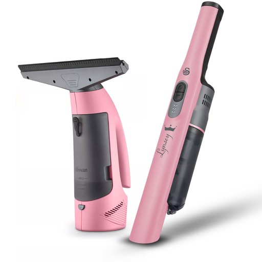Cordless handheld vacuum and window cleaner bundle in pink and grey, featuring ergonomic designs and easy-to-use controls for efficient cleaning.