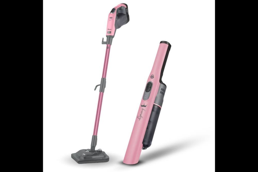 Swan cordless handheld vacuum and 16-in-1 steam mop in pink, featuring a sleek design, ergonomic handle, and multiple cleaning attachments for versatile use.