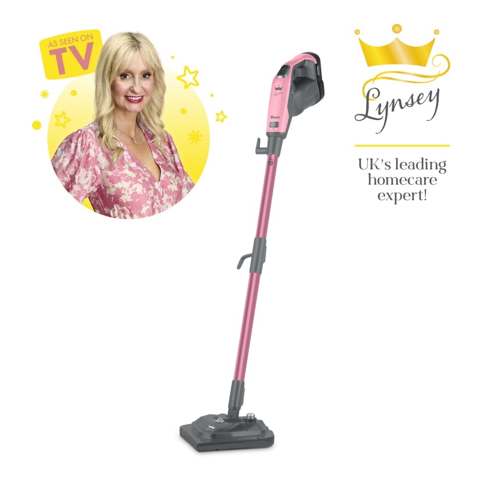 Swan's Lynsey's Cleaning Range 16-in-1 Steam Mop features a sleek pink design with a detachable handheld unit, ideal for versatile cleaning on various surfaces.