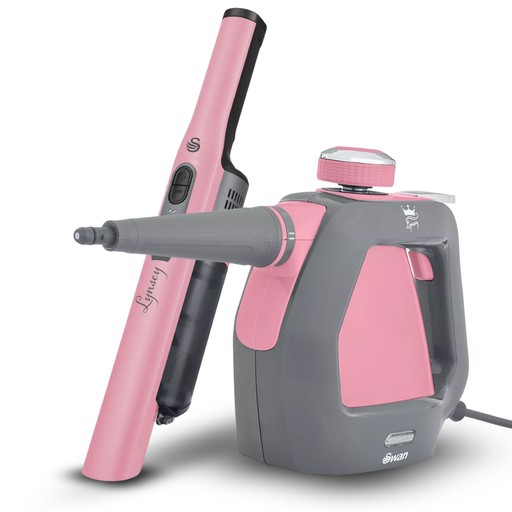 Cordless handheld vacuum and steam cleaner set in pink and grey, featuring ergonomic designs, easy-grip handles, and a sleek, modern look by Swan.