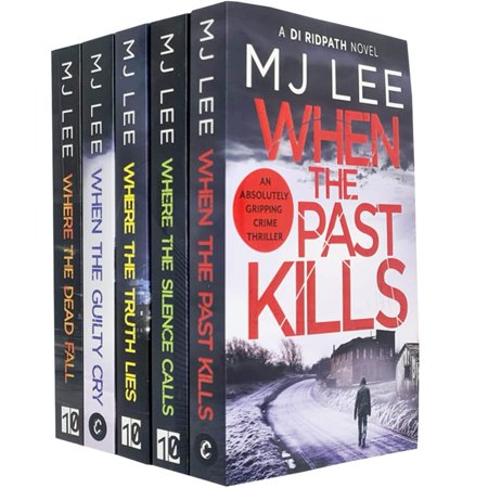Three paperback books in a collection featuring M J Lee's titles, with bold text on the covers, predominantly dark colors, and a snowy landscape background on the front book.