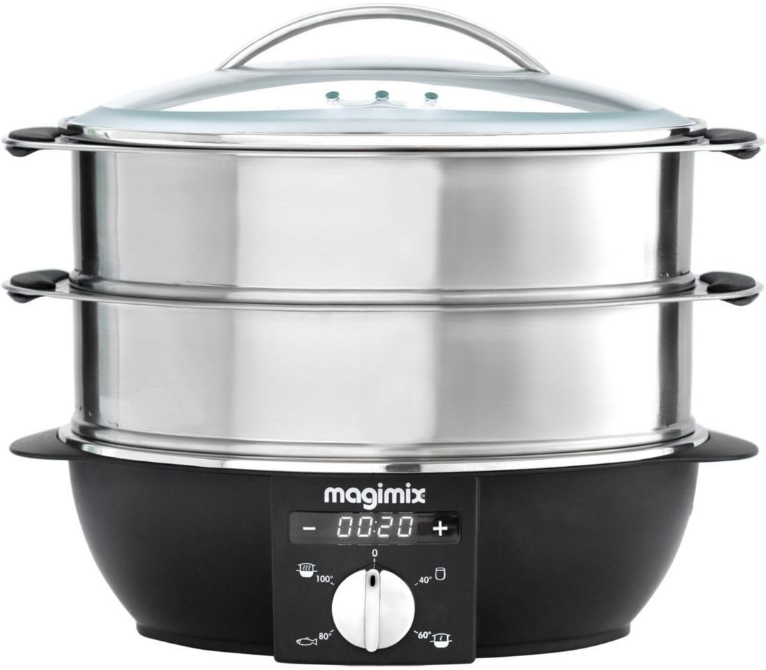 Stainless steel multi-function steamer with two tiers, transparent lid, digital timer, and control panel featuring a black base and white buttons.