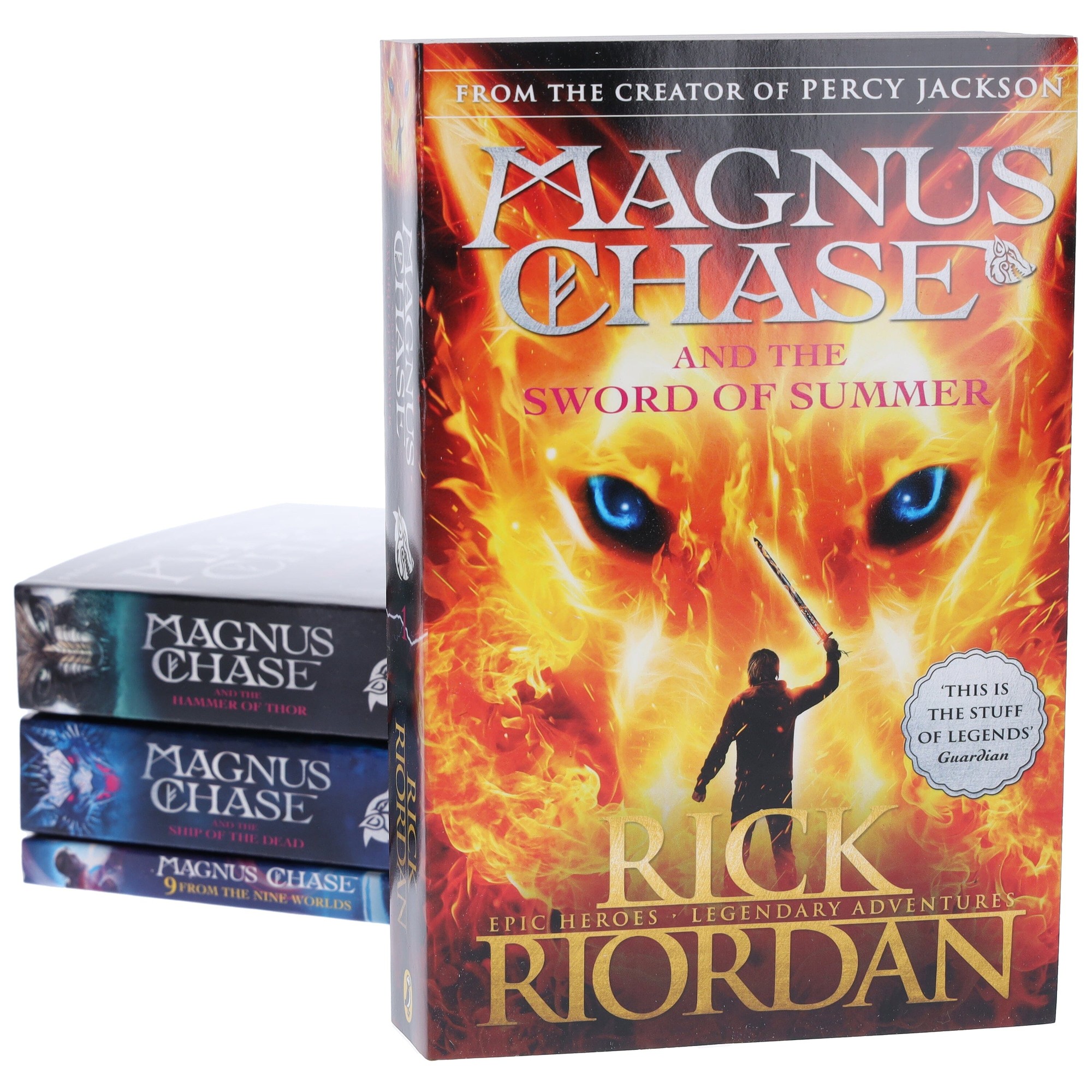 Four paperback books from the "Magnus Chase" series by Rick Riordan, featuring vibrant covers with fiery colors and illustrations of characters, suitable for ages 9-11.