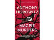 Red book cover featuring a black silhouette of a magpie perched on a branch, with the title "Magpie Murders" and author "Anthony Horowitz" prominently displayed.